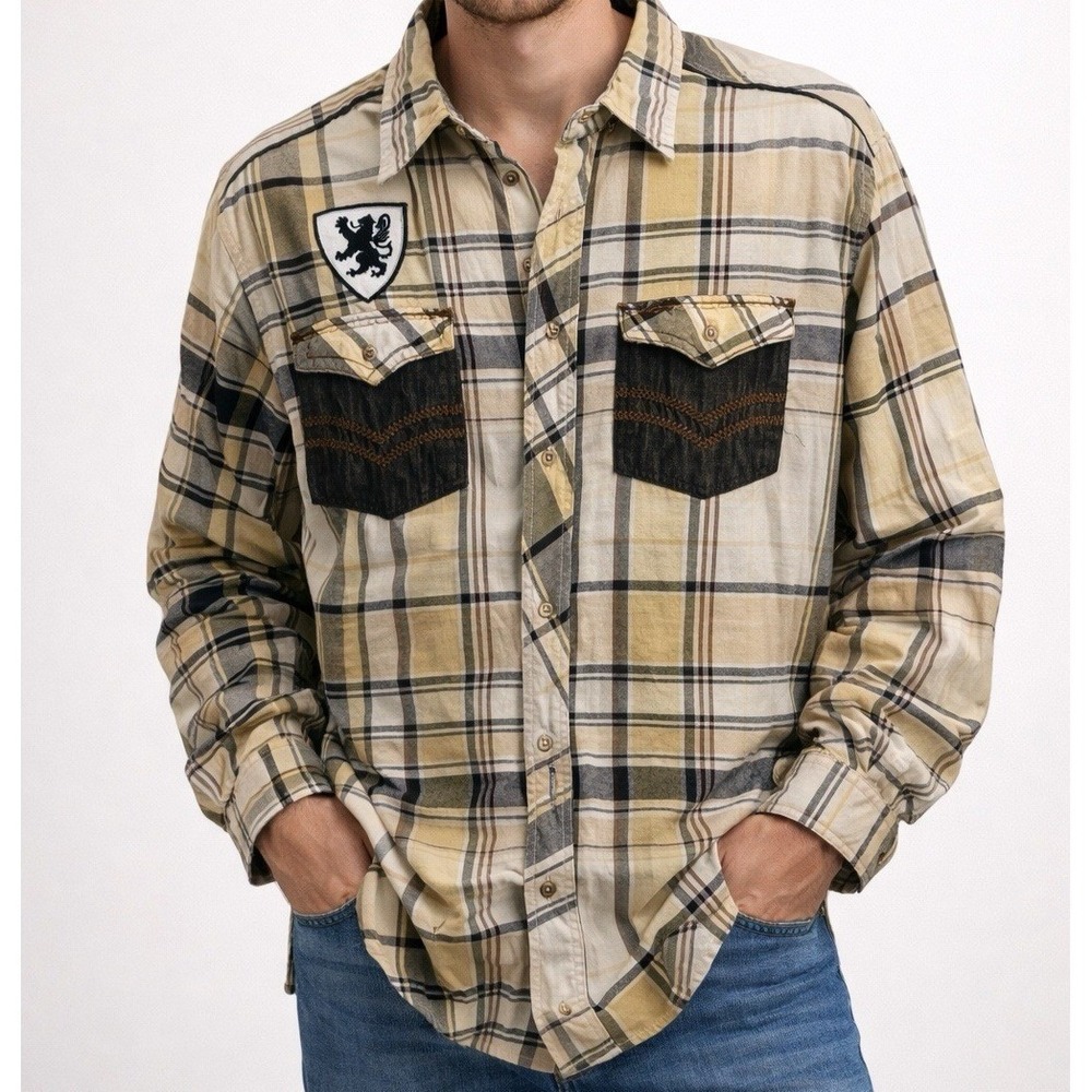 Red Ape Mens Tan Black Plaid Button Down Shirt Lion Crest Patch Size Large